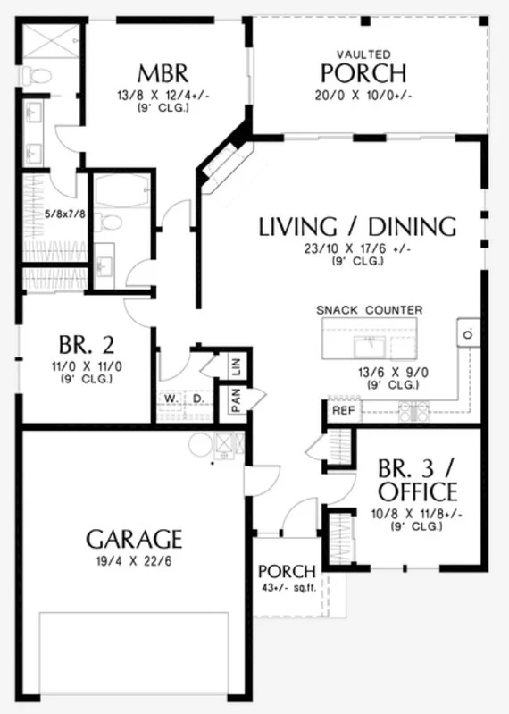 House floor plan with 4 bedrooms and garage.