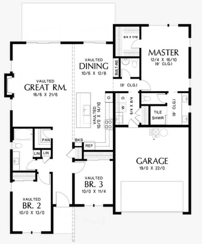 House floor plan with 4 bedrooms and a garage.