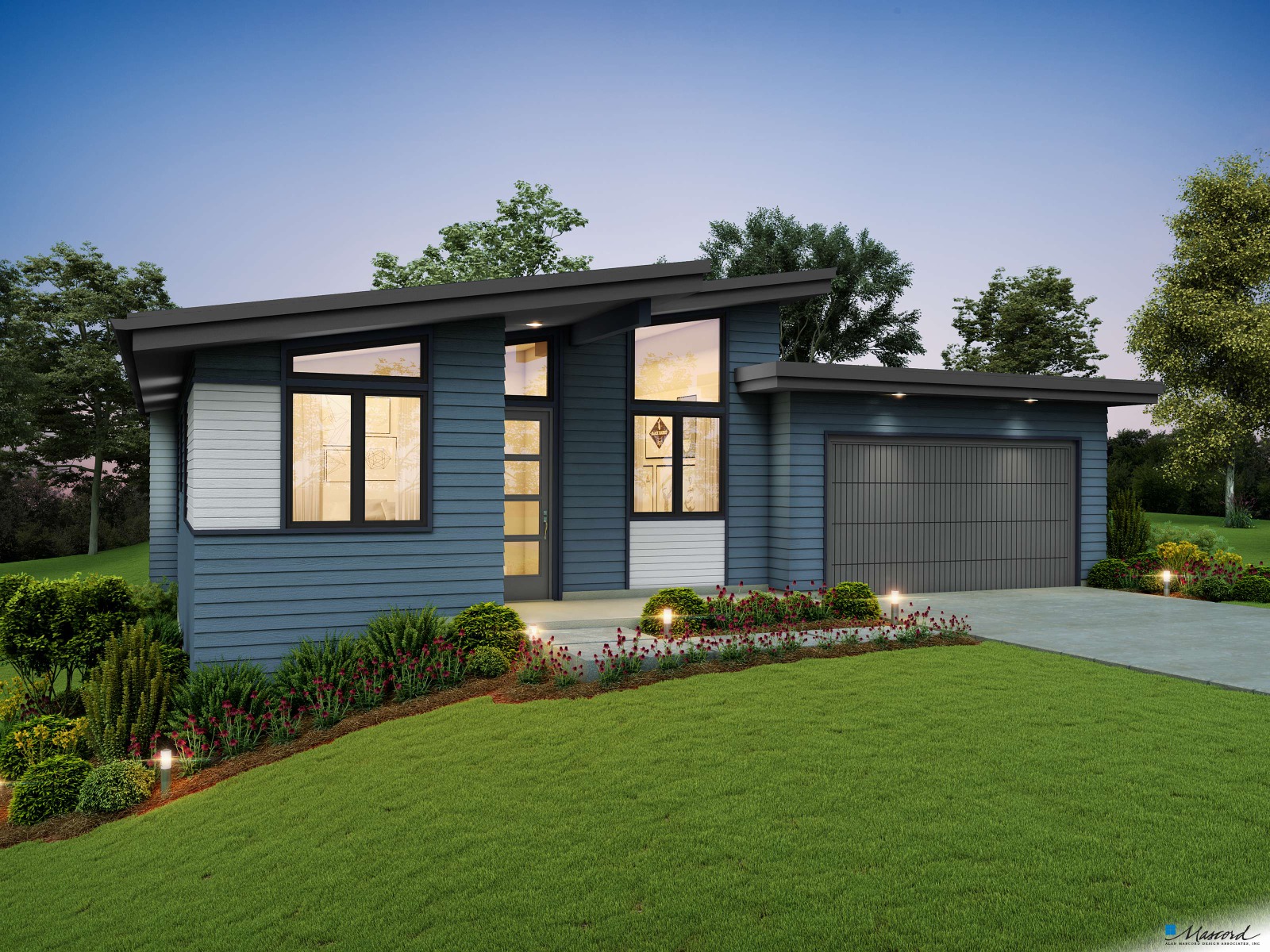 Modern blue house with garage and lawn.