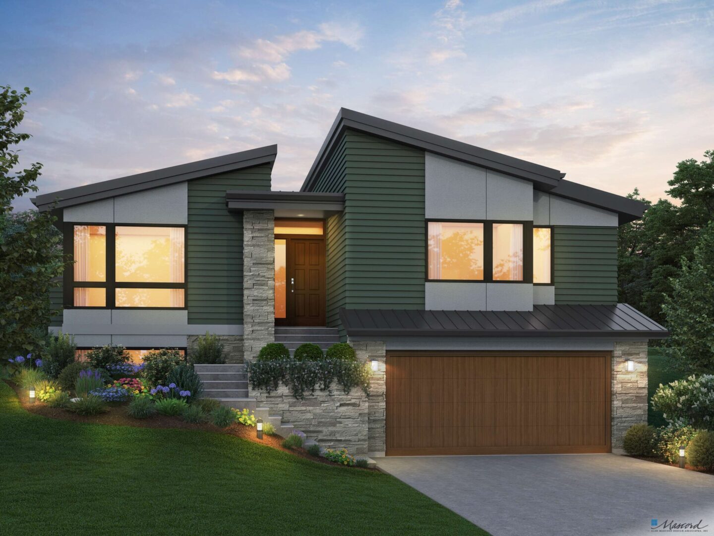 Modern green house with garage door.