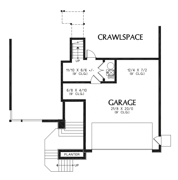 Floor plan of a house with garage and crawlspace.