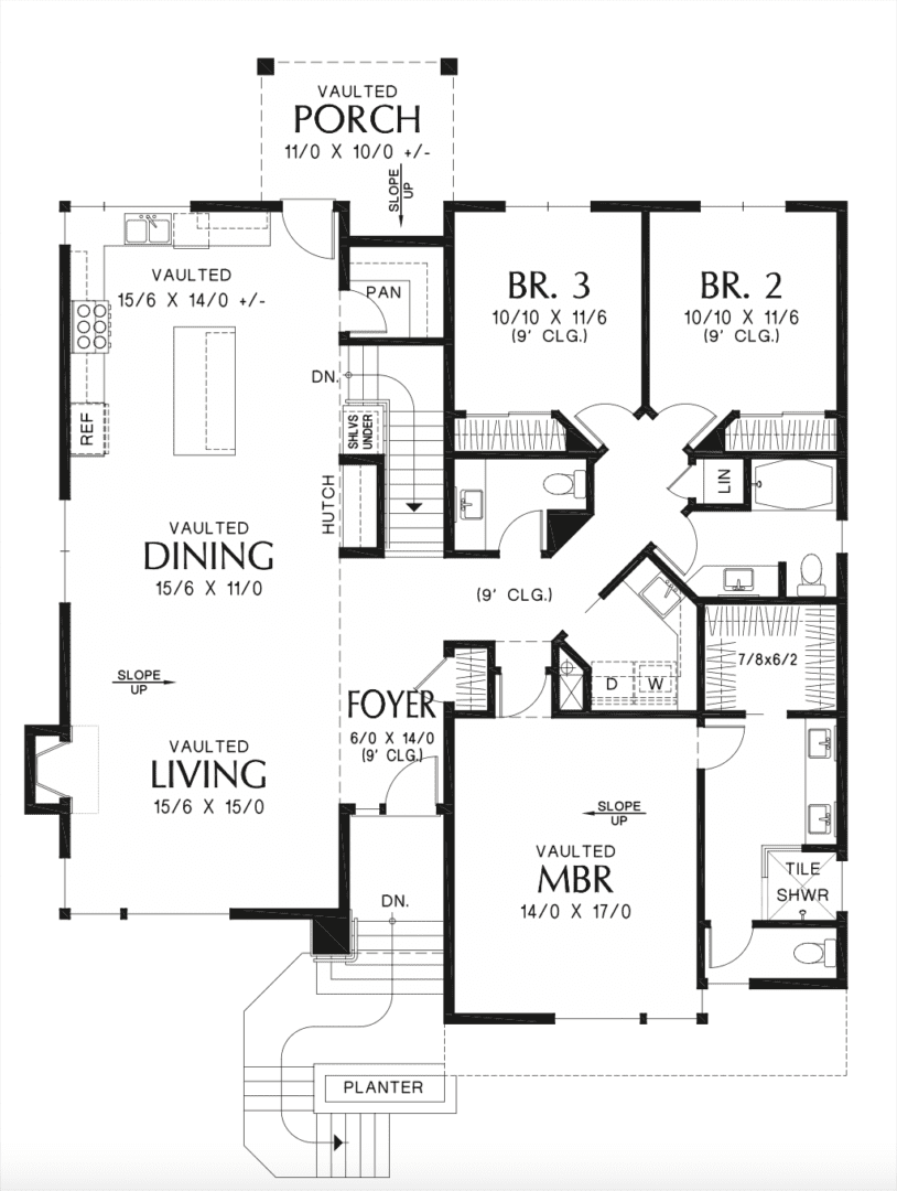 Floor plan of a house with vaulted rooms.