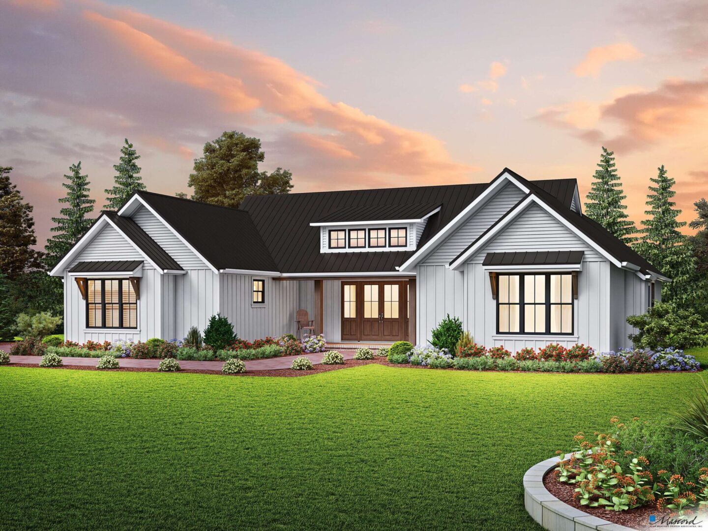 White farmhouse with black roof and lawn.