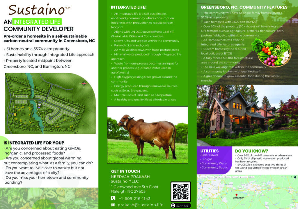 Green trifold brochure for sustainable community developer